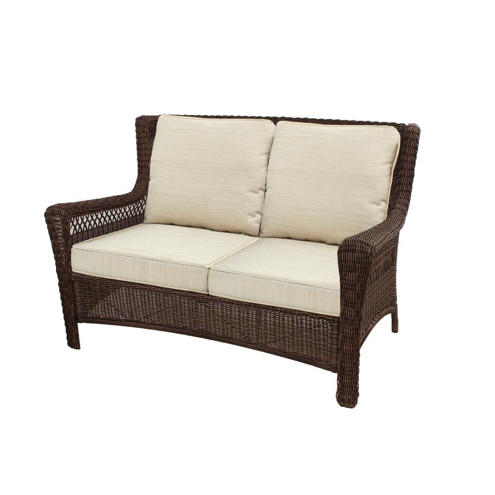 Hampton Bay Park Meadows Brown Wicker Outdoor Loveseat with Beige