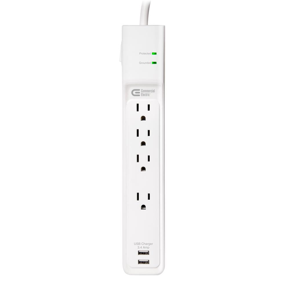 Commercial Electric 4Outlet USB Power Strip Surge Protector with 4 ft. Cord, WhiteHDC404UWH