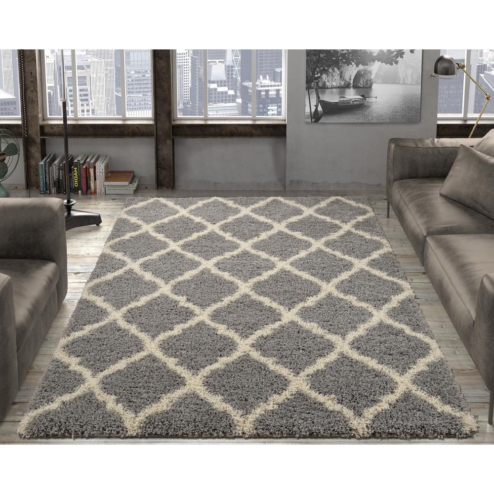 Contemporary Indoor/Outdoor Area Rug: Ottomanson Rugs Ultimate Shaggy Contemporary Moroccan Trellis Design Grey 5 ft. x 7 ft. Gray SHG2273-5x7