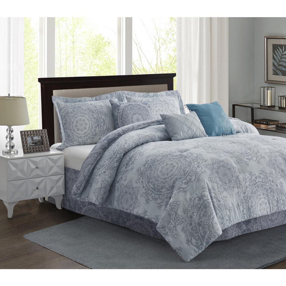 R2zen Bungalow 7 Piece Light Blue Medallion King Comforter Set