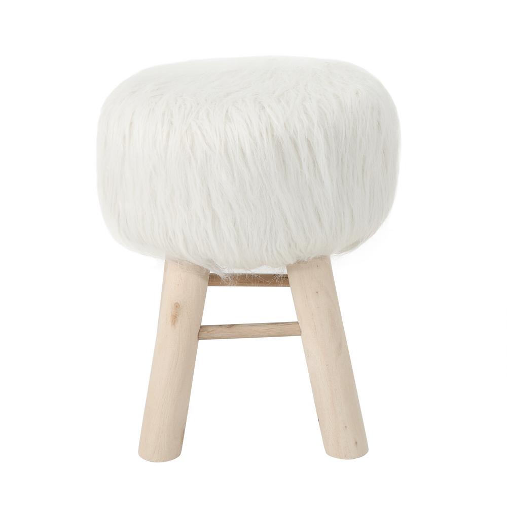 Noble House Canobie 16 in. White Faux Fur Stool-305730 - The Home Depot