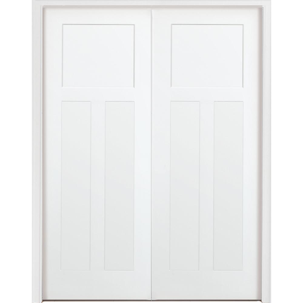 48 In X 80 In 3 Panel Mission Shaker White Primed Solid Core Wood Double Prehung Interior Door With Nickel Hinges