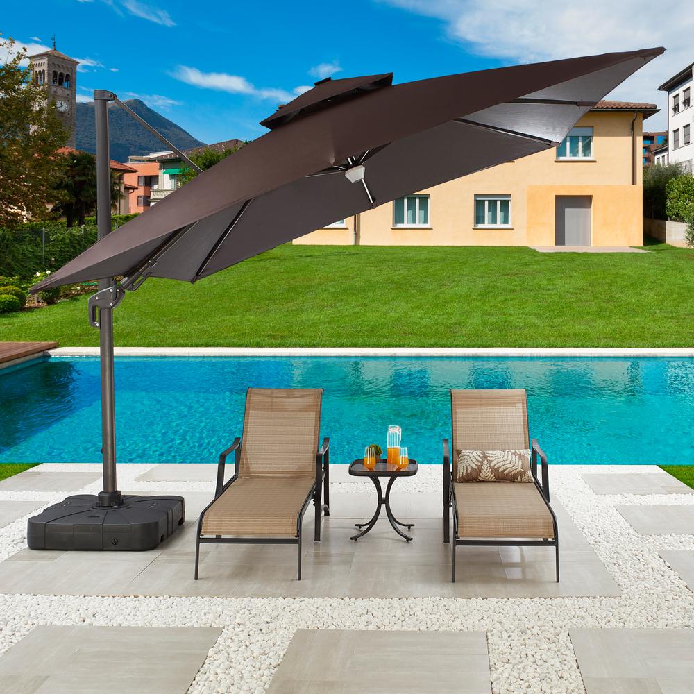 Patio Festival 11 Ft Steel Cantilever Solar Powered Light Up Tilt Patio Umbrella In Brown With Base Pf20969 980 The Home Depot