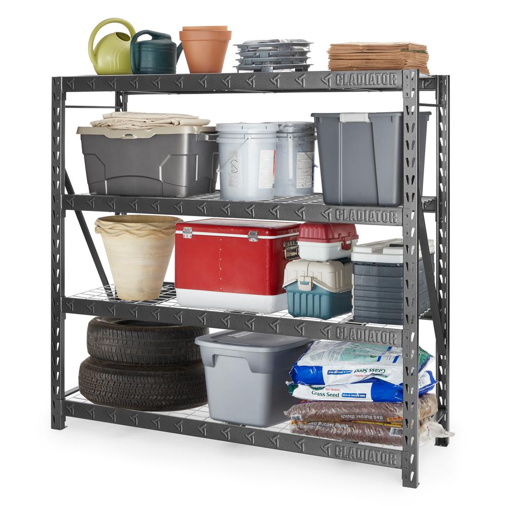 Gladiator 4 Tier Welded Steel Garage Storage Shelving Unit 77 In W X 72 In H X 24 In D Gars774xeg The Home Depot