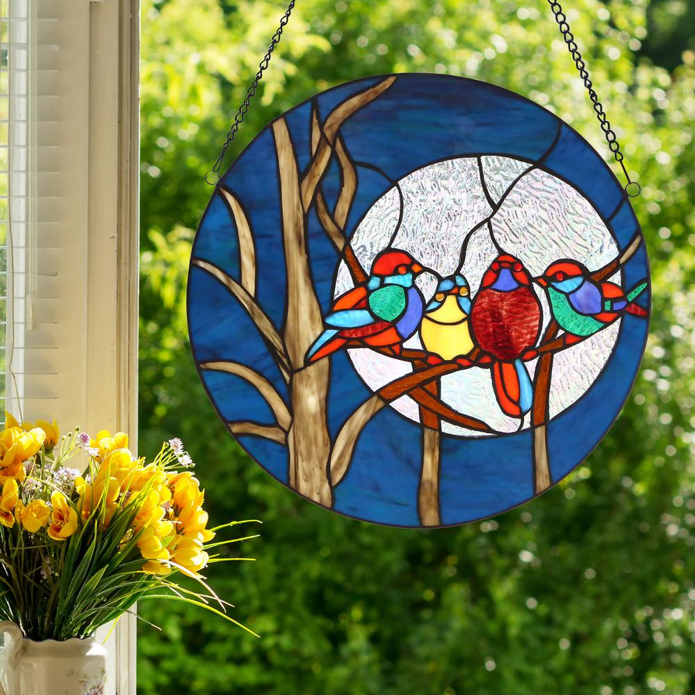 River of Goods Multi-Colored Birds in the Night Sky Round Stained-Glass