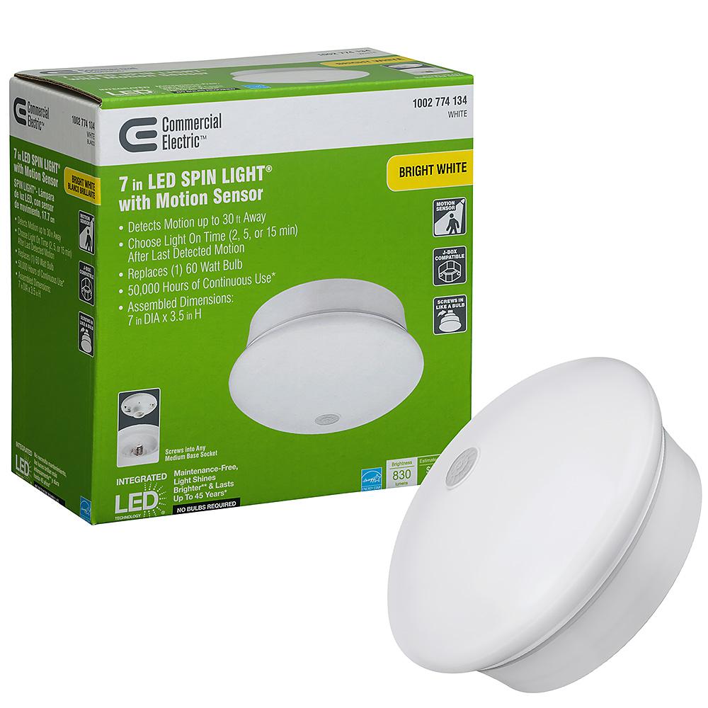 Commercial Electric Spin Light 7 in. White LED Flush Mount Ceiling Light Adjustable PIR Motion Sensor 830 Lumens 4000K Bright White Dimmable
