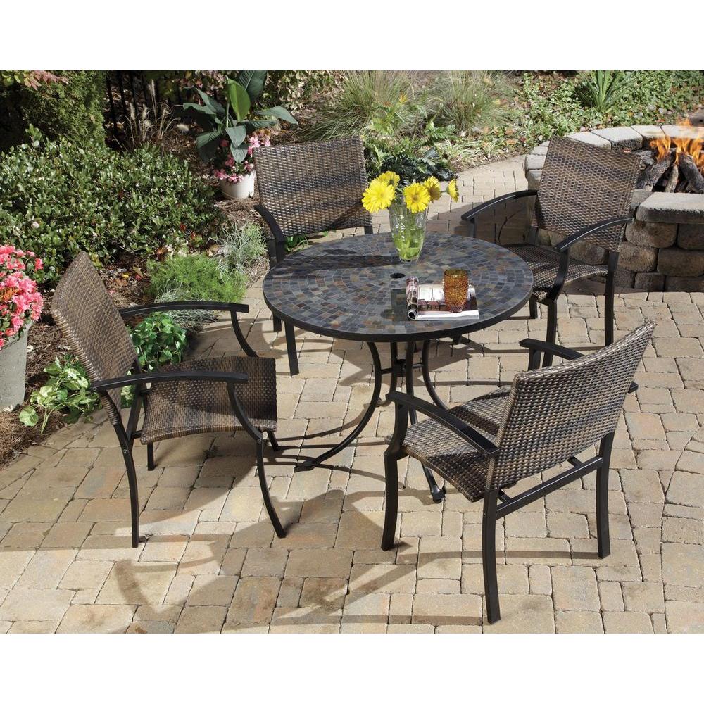 Home Styles Stone Harbor 40 In 5 Piece Slate Tile Top Round Patio Dining Set With Newport Chairs