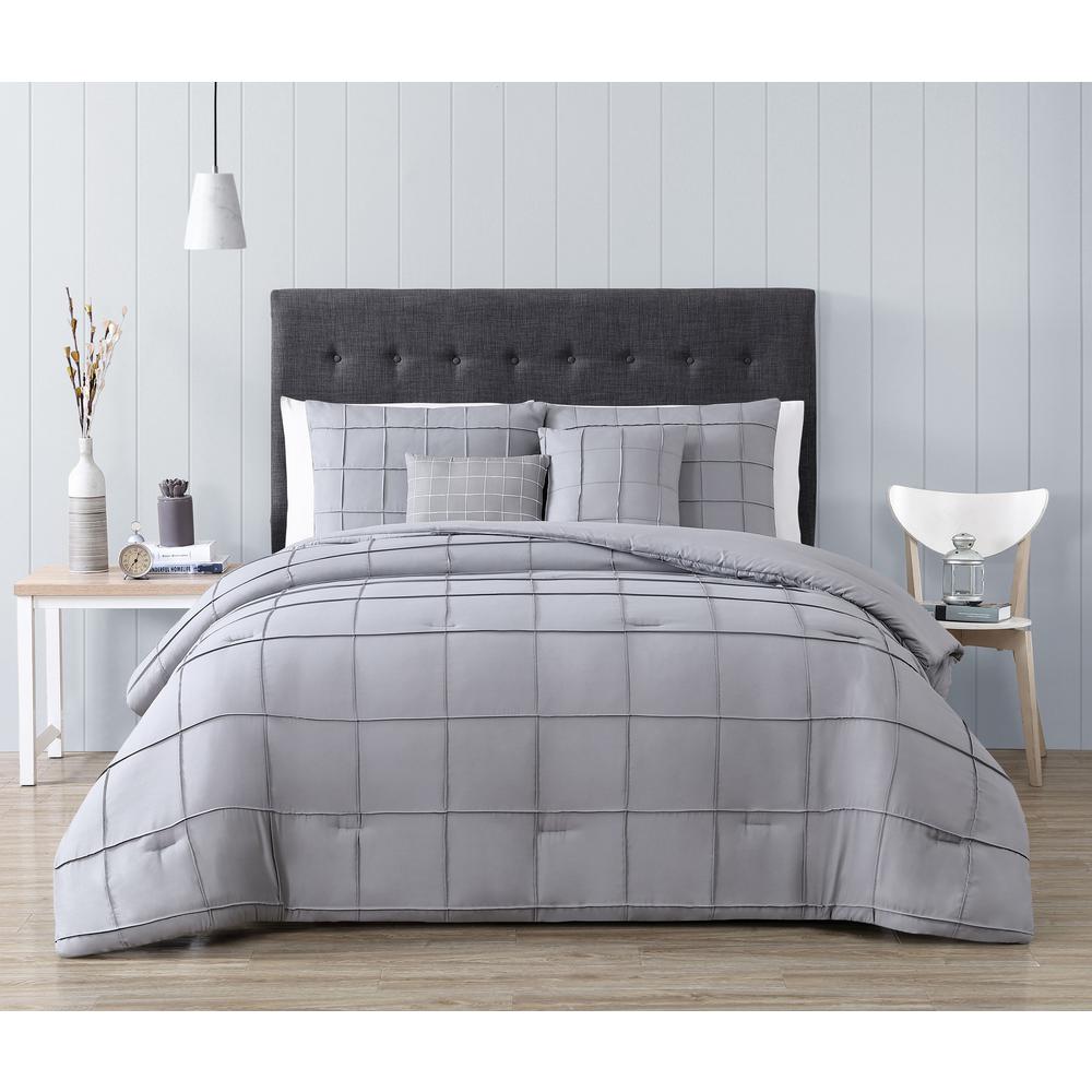 Nelli 4 Piece Gray Twin Box Pinch Pleat Comforter Set With Throw