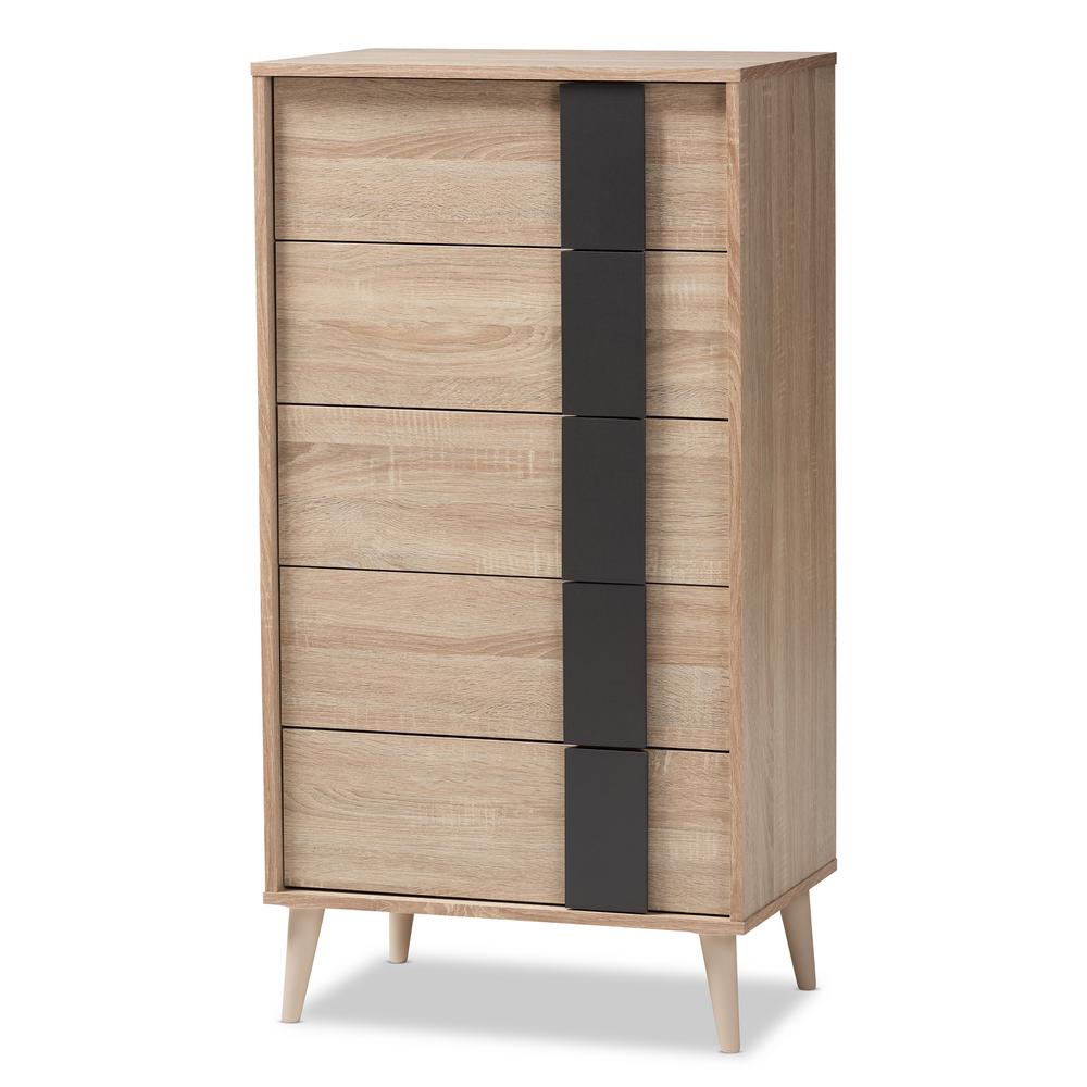 Baxton Studio Lisen 5 Drawer Oak Brown And Dark Grey Chest 148
