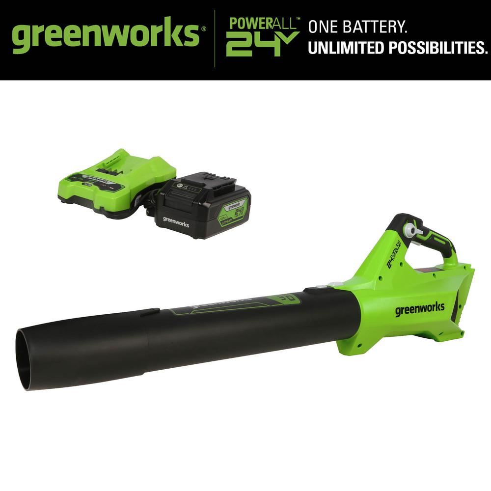 Greenworks 110 MPH 450 CFM 24-Volt Battery Cordless Handheld Axial Leaf ...