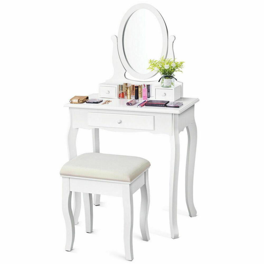 Costway 2 Piece White Jewelry Makeup Desk Vanity Table With Cushioned Stool 3 Drawers Dressing Table Set Hb84003 The Home Depot