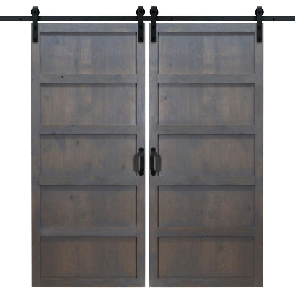 Dogberry 36 in. x 84 in. 5-Panel Ash Gray Double Sliding Barn Doors