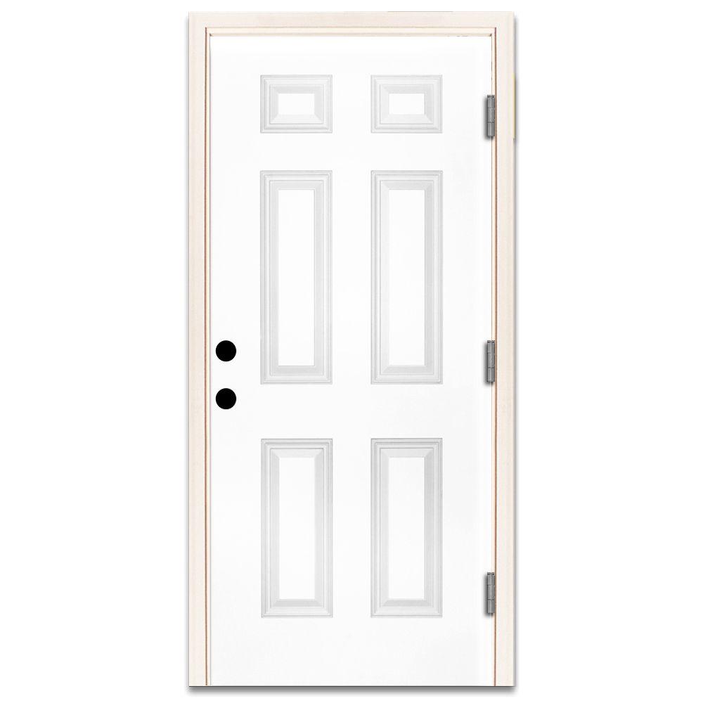 Steves Sons 30 In X 80 In Premium 6 Panel Primed White Steel Prehung Front Door With 30 In Left Hand Outswing And 4 In Wall