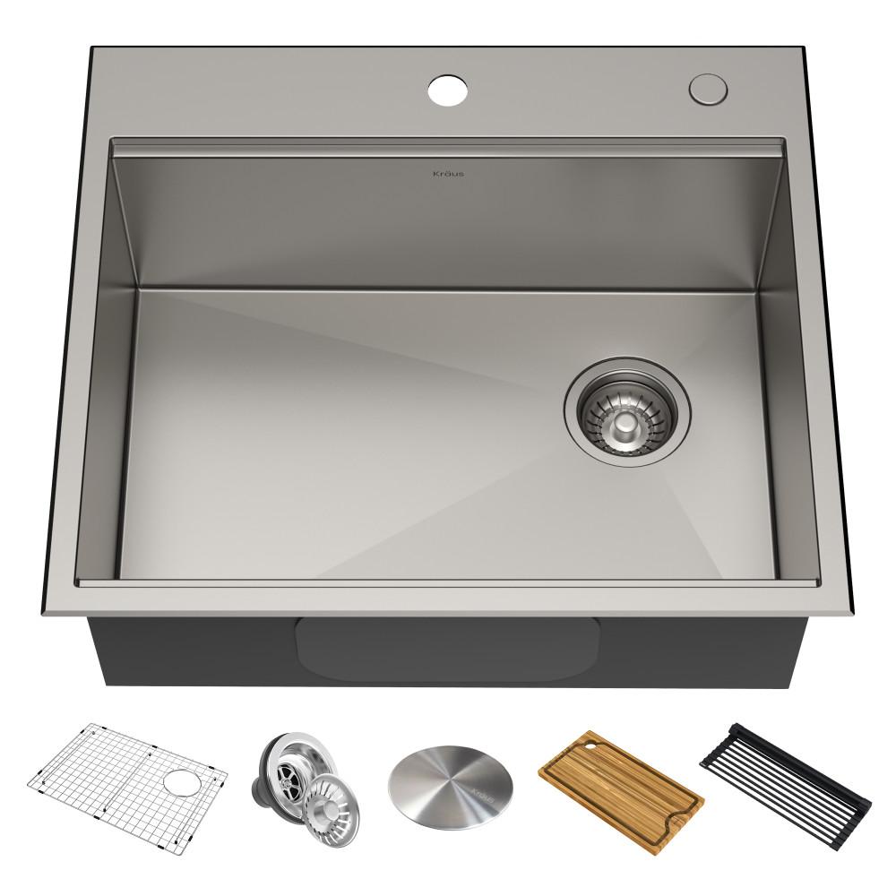 Kraus Kore Workstation Drop In Stainless Steel 25 In Single Bowl Kitchen Bar Sink