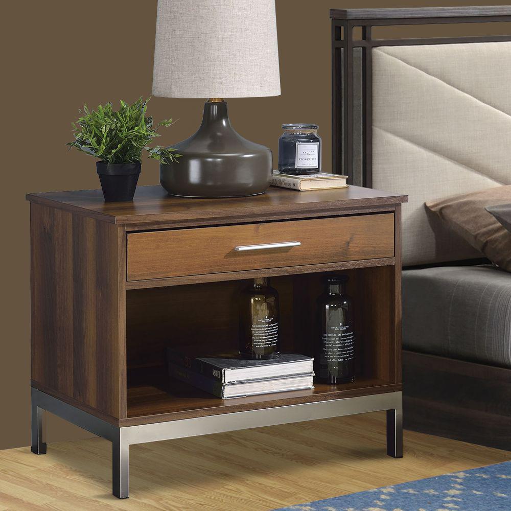 Benjara Brown And Silver Wooden Nightstand With One Drawer And Open Bottom Storage Shelf Bm194367 The Home Depot