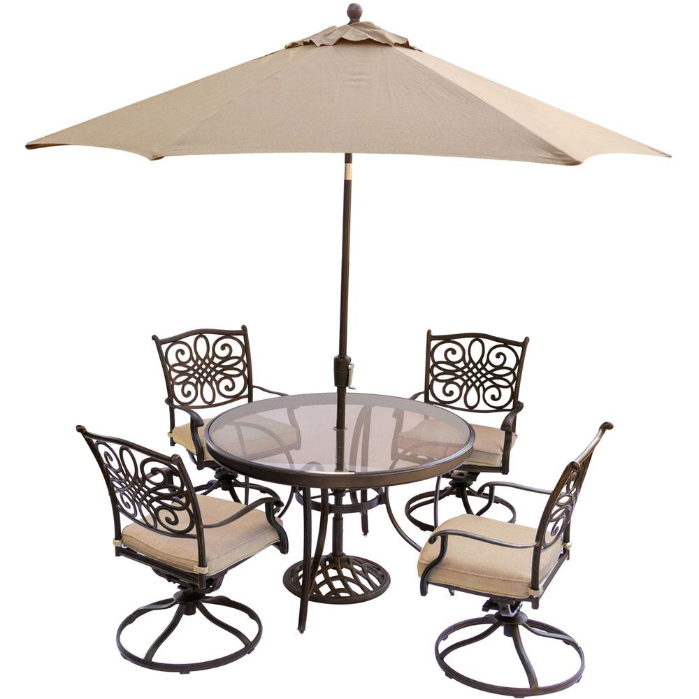 Hanover 5-Piece Outdoor Dining Set with Round Glass Table, Swivel Chairs,... by Hanover