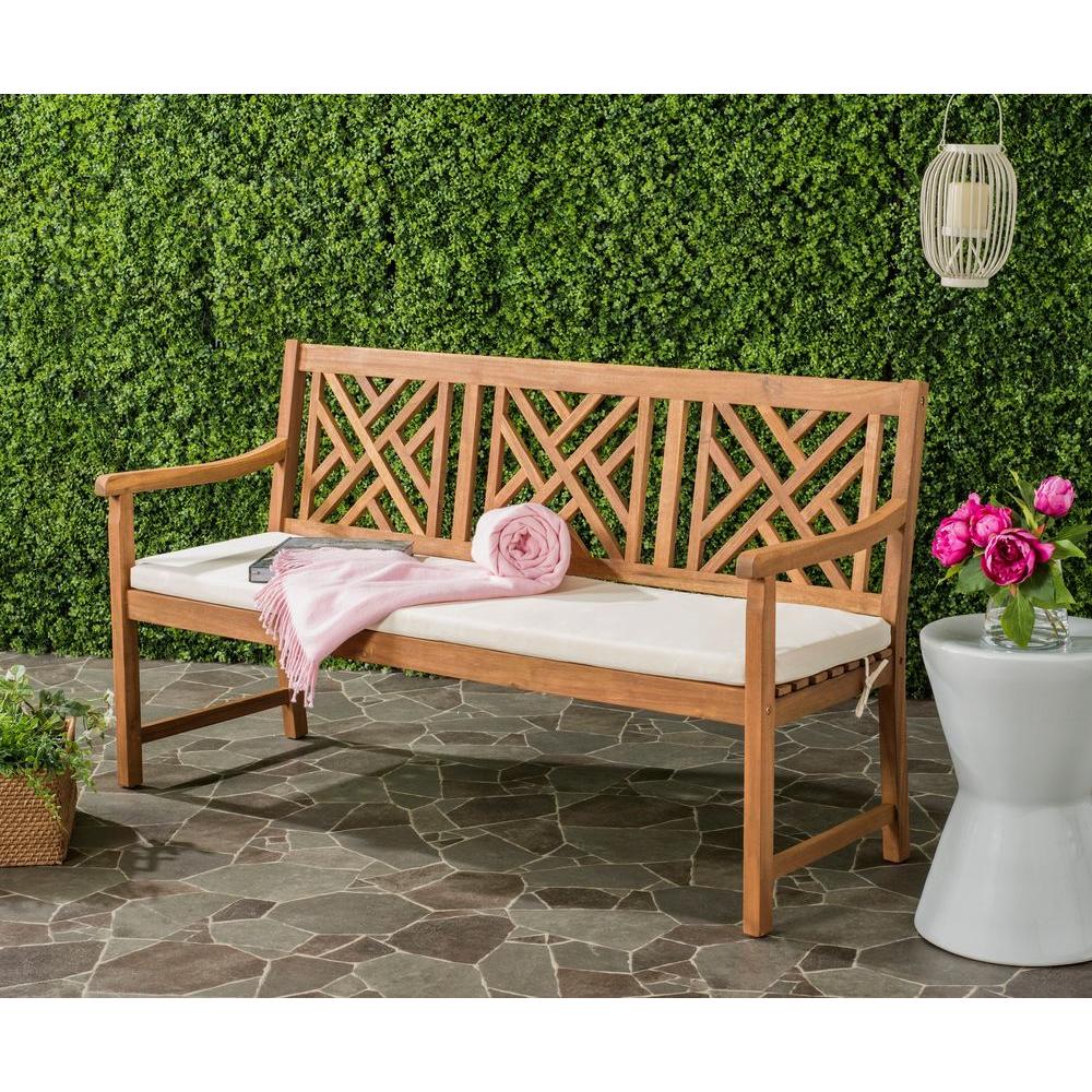 Safavieh Bradbury Outdoor 3 Seat Acacia Patio Bench With Beige Cushions