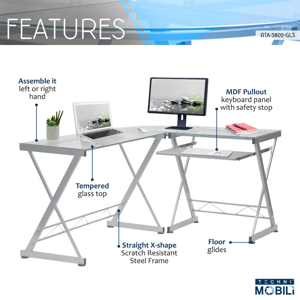 Techni Mobili L Shaped Clear Tempered Glass Top Computer Desk With