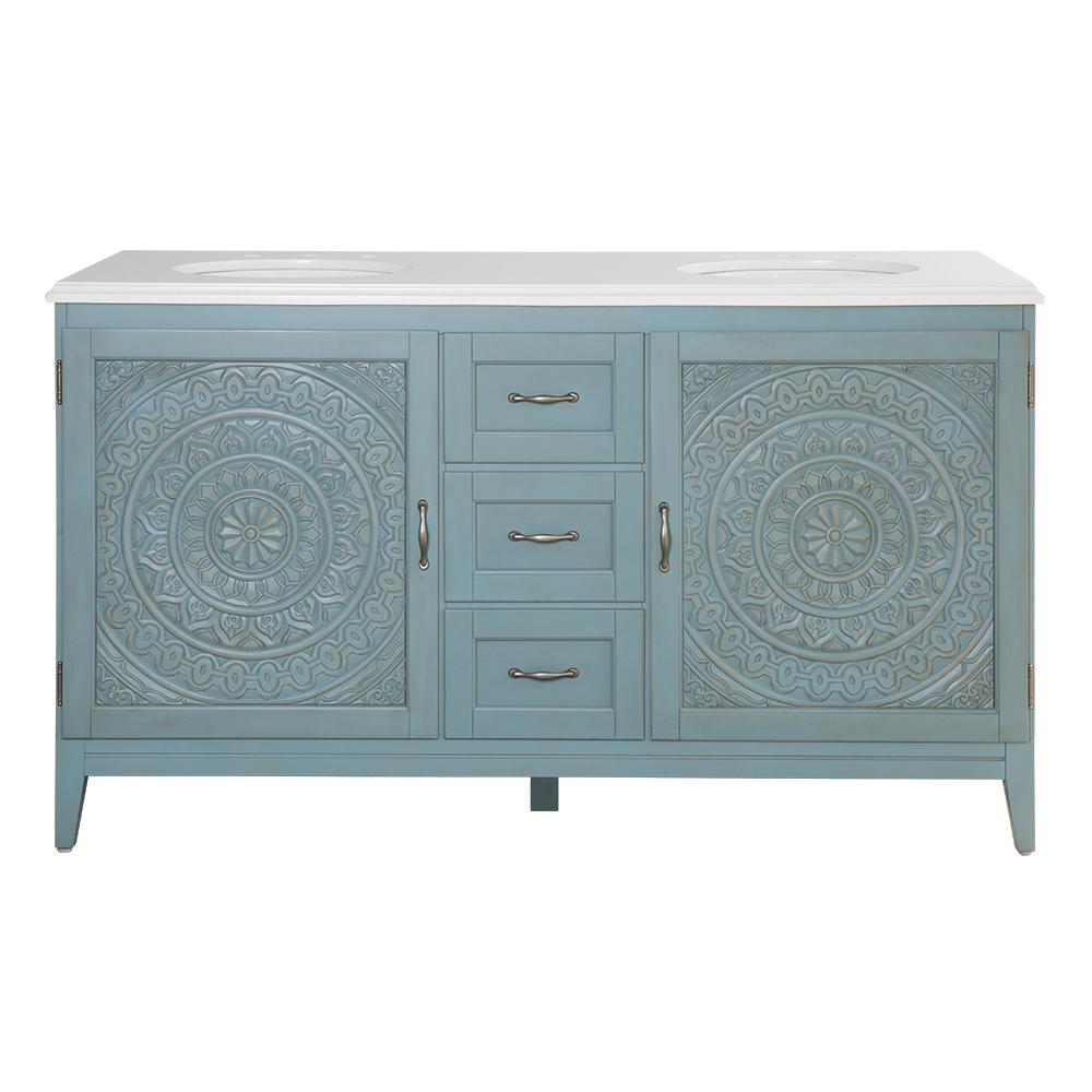 Home Decorators Collection Chennai 61 In W X 22 In D Bath Vanity In Blue Wash With Engineered Stone Vanity Top In Crystal White With White Sinks Cibwvt6122d The Home Depot