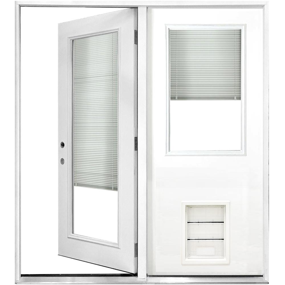 72 In X 80 In Clear Mini Blind White Primed Prehung Rhis Fiberglass Centerhinge Patio Door W Xl Pet Door