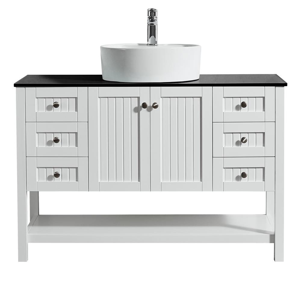 Roswell Modena 48 In Bath Vanity In White With Tempered Glass Vanity Top In Black With White Vessel Sink 856048p Wh Bgn The Home Depot