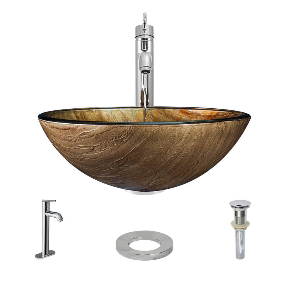 Rene By Elkay Glass Vessel Sink In Bronze Hues With R9 7001 Faucet And Pop Up Drain In Chrome