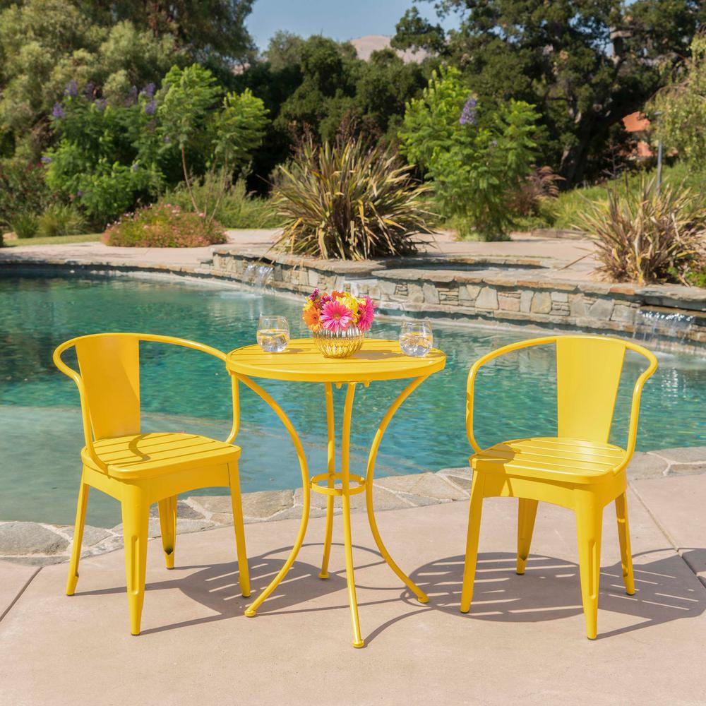 Noble House Colmar Matte Yellow 3-Piece Metal Outdoor Bistro Set-13223 ...