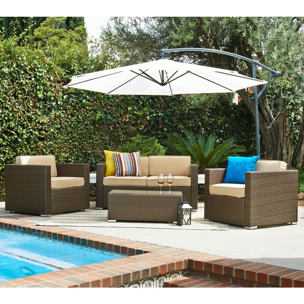 S Dente Cane Garden Dark Brown 5 Piece Wicker Patio Conversation Set Cane Garden Dark Brown 5 Piece Wicker Patio Conversation Set With Beige Cushion