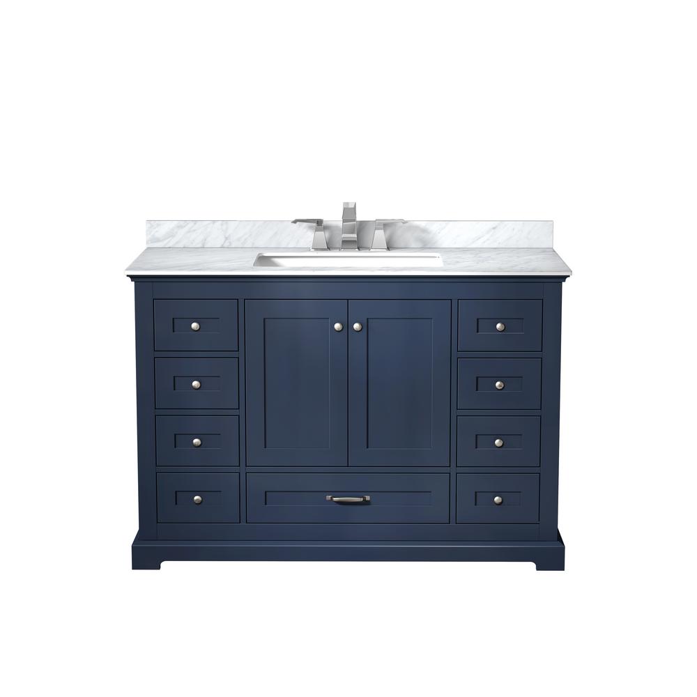 Lexora Dukes 48 in. Navy Blue Single Vanity, White Carrara Marble Top