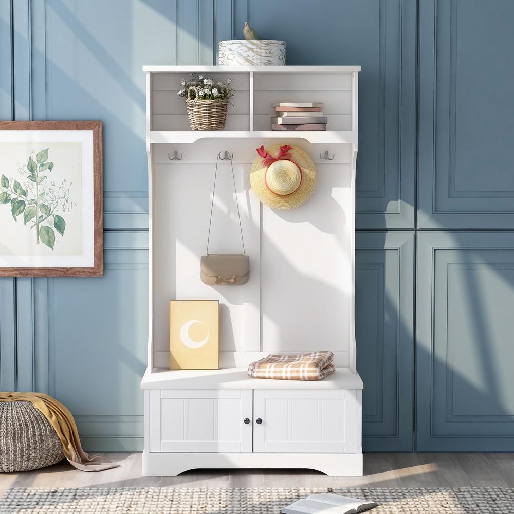 Harper & Bright Designs White Entryway Bench Hall Trees with Shelves ...