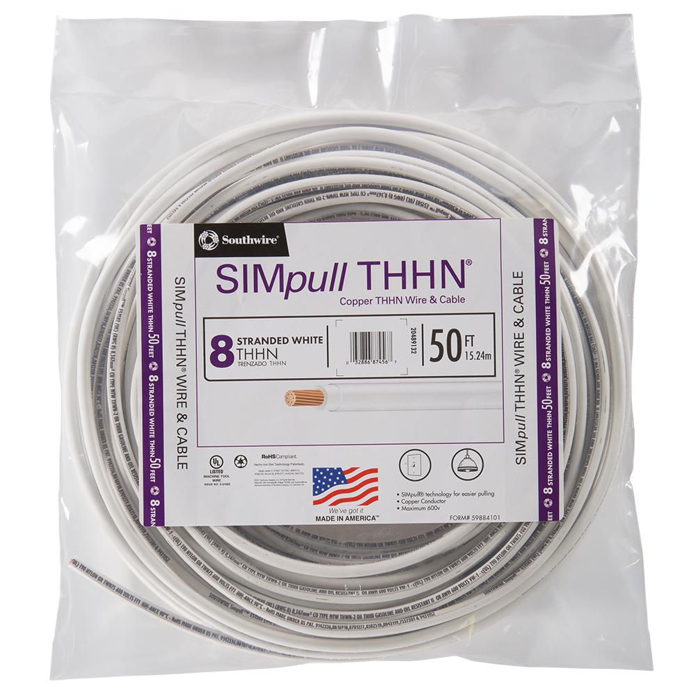 8 GAUGE THHN WIRE STRANDED WHITE 50 FT THWN 600V COPPER MACHINE CABLE AWG