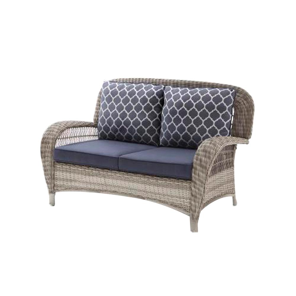 Hampton Bay Beacon Park Gray Wicker Outdoor Patio Loveseat With Standard Midnight Trellis Navy Blue Cushions Frs80812cl G The Home Depot