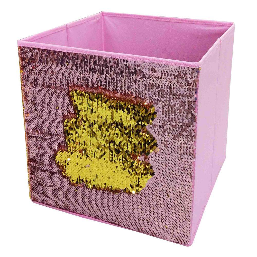 Home Basics 12 in. x 12 in. Pink Linen and Sequin Storage BinSQ49931
