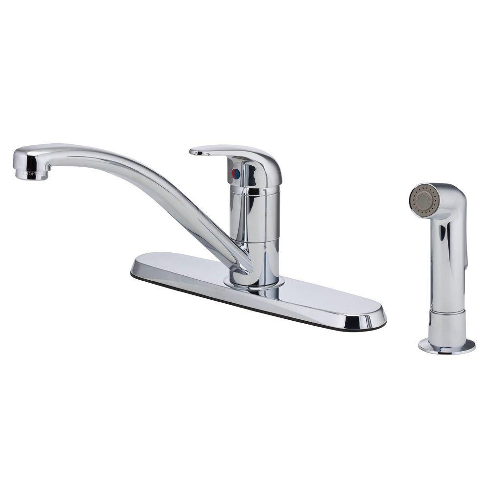 Pfister Pfirst Series Single Handle Standard Kitchen Faucet With Side Sprayer In Polished Chrome