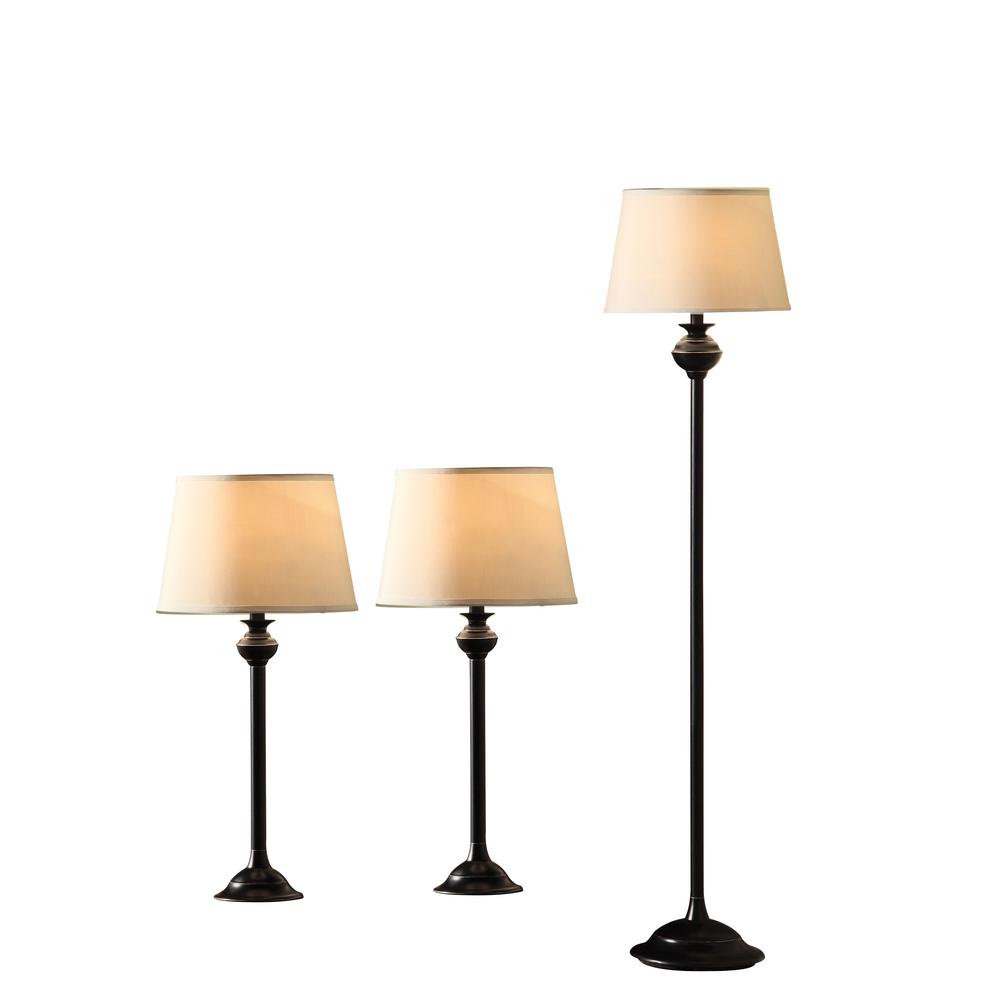 59.25 in. Matte Black Floor Lamp and Two 24 in. Table Lamps Set with