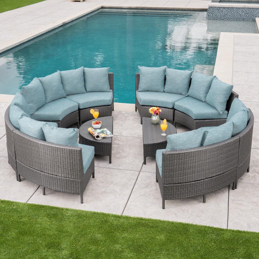 10 Piece Wicker Patio Sectional Seating Set With Teal Cushions