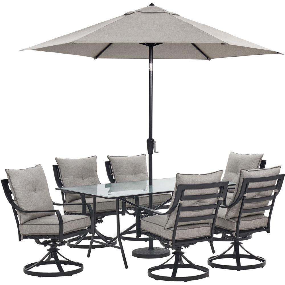 Hanover Lavallette 7 Piece Steel Outdoor Dining Set With Silver Linings Cushions Swivel Rockers Table Umbrella And Base Lavdn7pcsw Slv Su The Home Depot