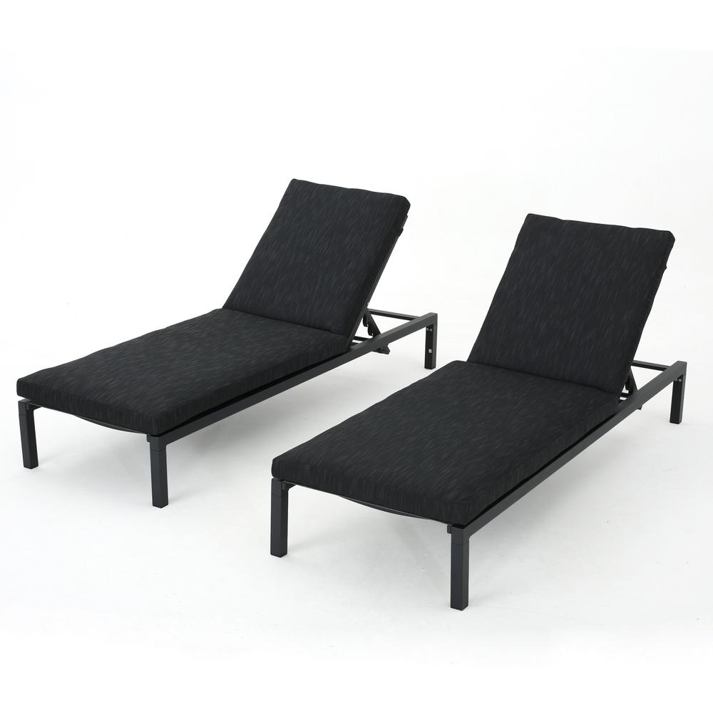 Noble House Stefan Dark Grey 2 Piece Metal Outdoor Chaise Lounge Stefan Dark Grey 2 Piece Metal Outdoor Chaise Lounge With Black Cushions