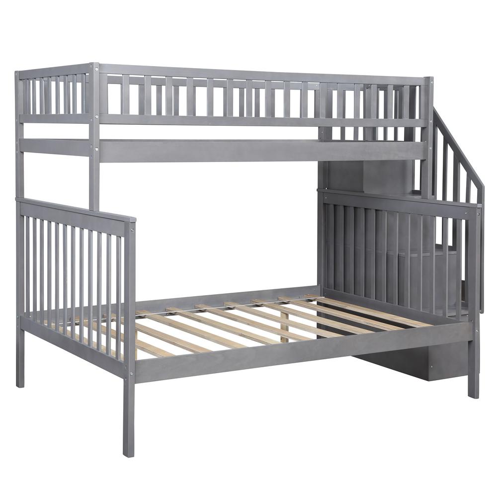 Gray Twin Over Full Stairway Bunk Bed, Bunk Beds With Stairs And Storage