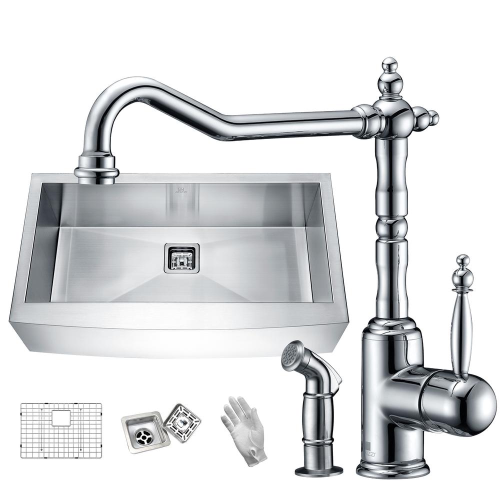 Anzzi Elysian Farmhouse Stainless Steel 32 In Single Bowl Kitchen Sink In Satin Finish With Faucet In Polished Chrome