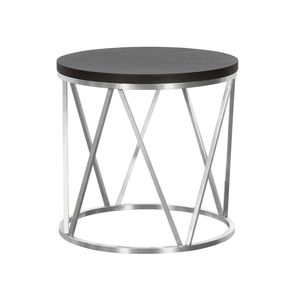 Armen Living Grey Wood Top Contemporary Round End Table In Brushed Stainless Steel