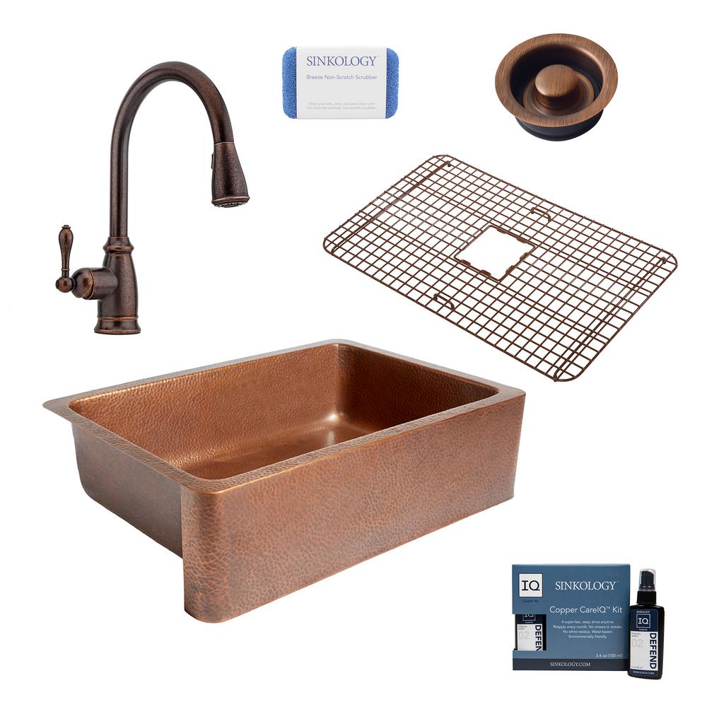 Sinkology Adams All In One Farmhouse Copper 33 In Single Bowl Kitchen Sink With Pfister Rustic Bronze Faucet And Disposal Drain