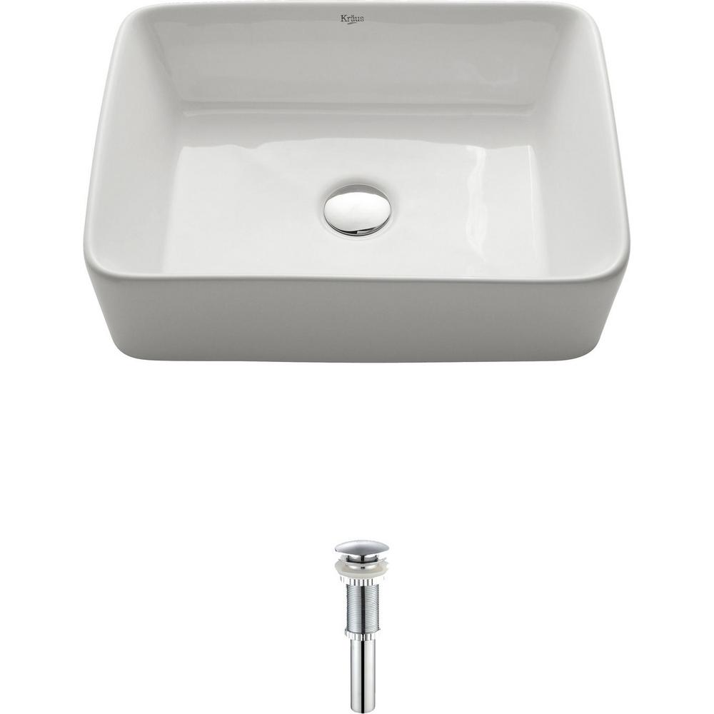 Kraus Rectangular Ceramic Vessel Bathroom Sink In White With Pop Up Drain In Chrome