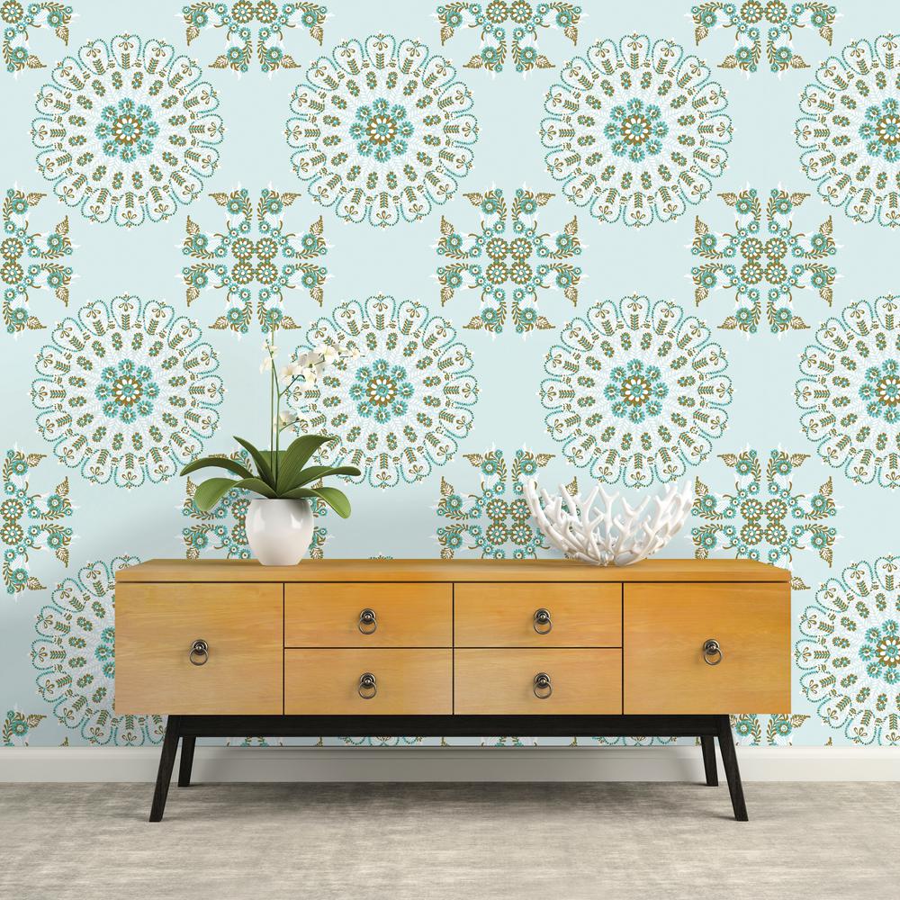 Rel Medallion Turquoise And Gold Removable Wallpaper Rp433 Rel Medallion Turquoise And Gold Removable Wallpaper