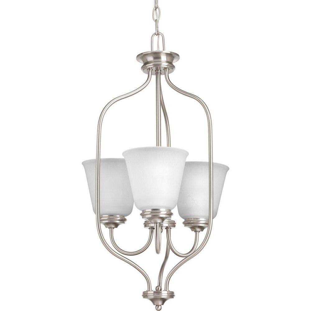 Progress Lighting Keats Collection 3 Light Brushed Nickel Chandelier Progress Lighting Keats Collection 3 Light Brushed Nickel Chandelier With Frosted Ribbed Glass