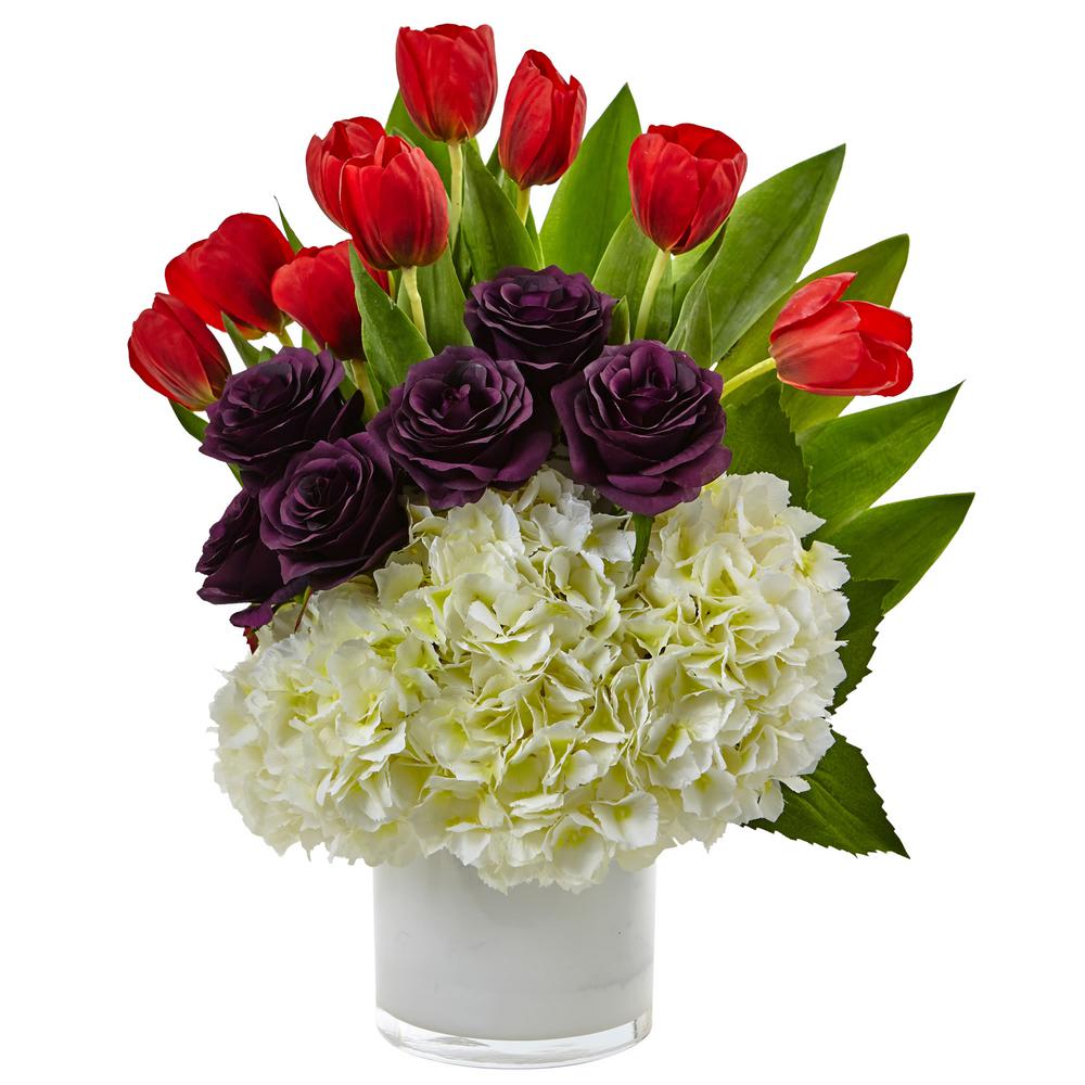 Nearly Natural Tulip, Roses and Hydrangea Silk Arrangement-1472-RW