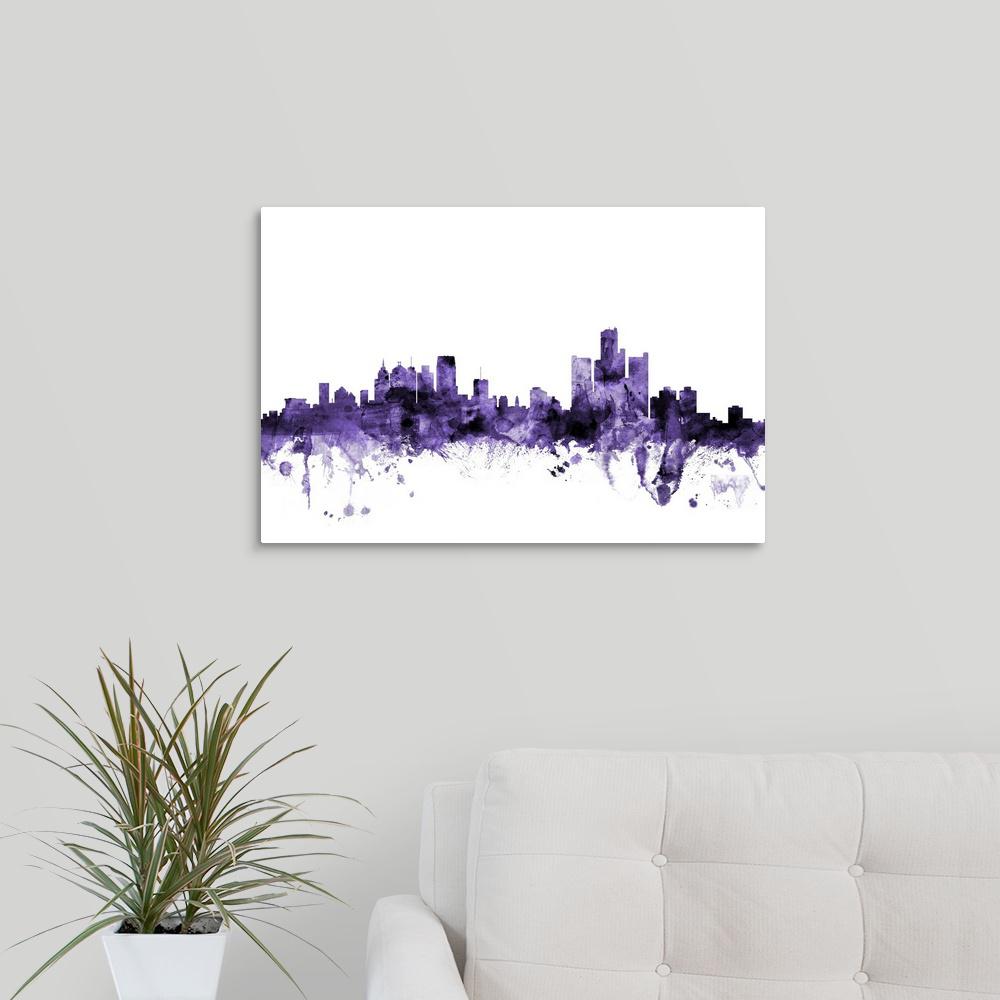 24 In X 16 Detroit Michigan Skyline By Michael Tompsett Canvas Wall Art