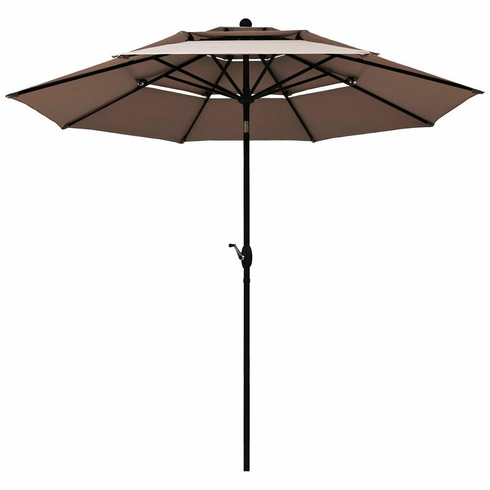 Costway 10 Ft 3 Tier Aluminum Sunshade Shelter Double Vented Market Patio Umbrella In Tan Op3928cf The Home Depot