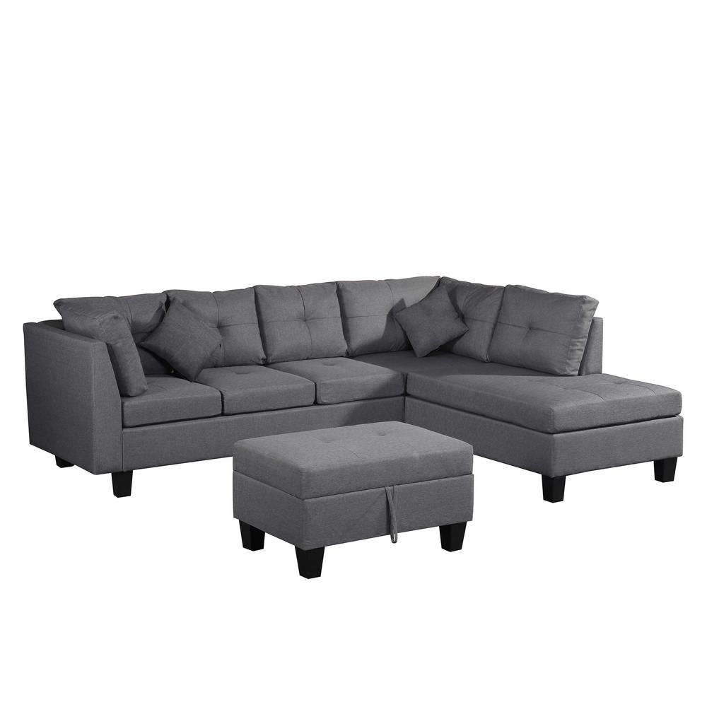 Boyel Living 3-Piece Gray Linen 6-Seater L-Shaped Right-Facing Chaise ...