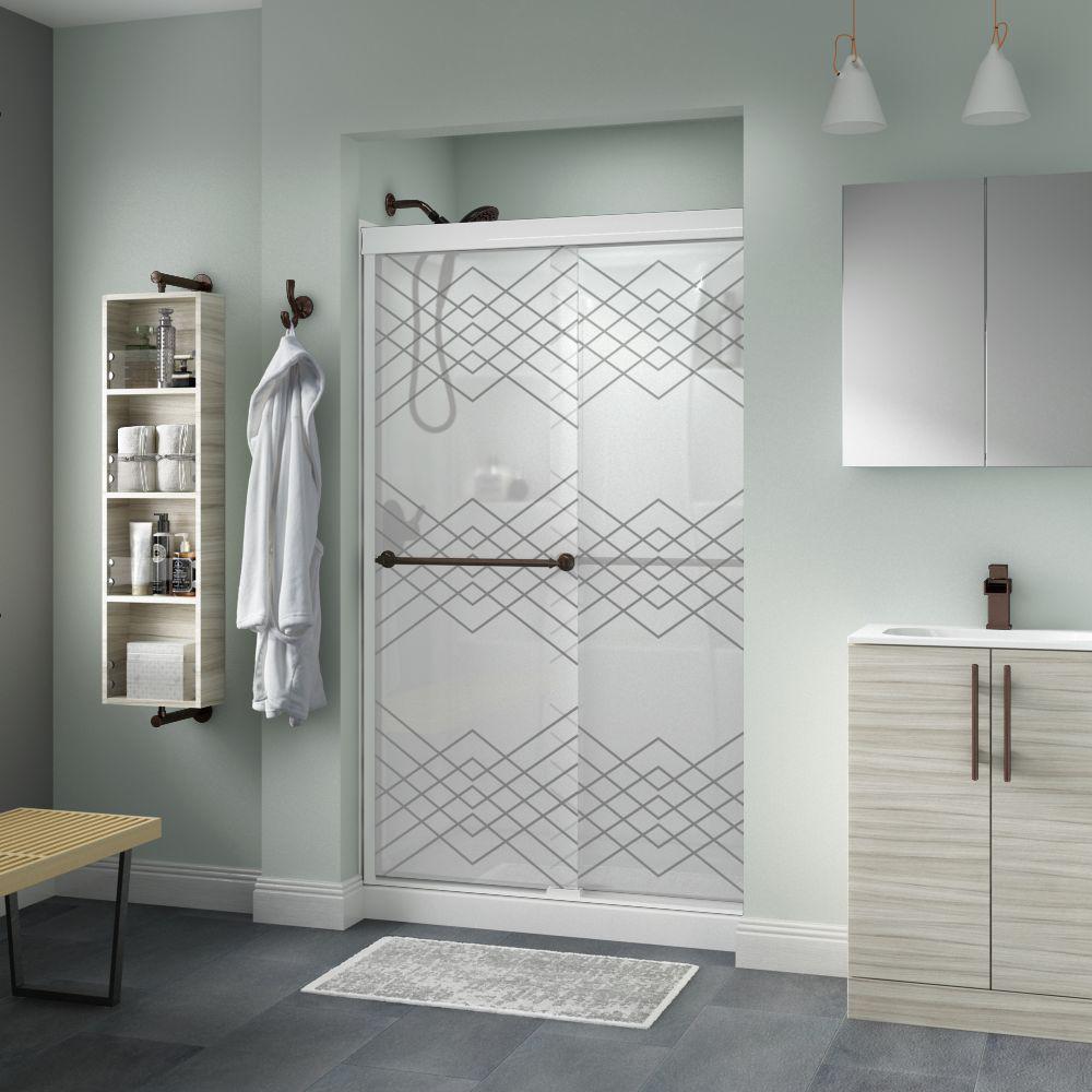 Delta Mandara 48 In X 70 Semi Frameless Traditional Sliding Shower Door White And Bronze With Argyle Glass